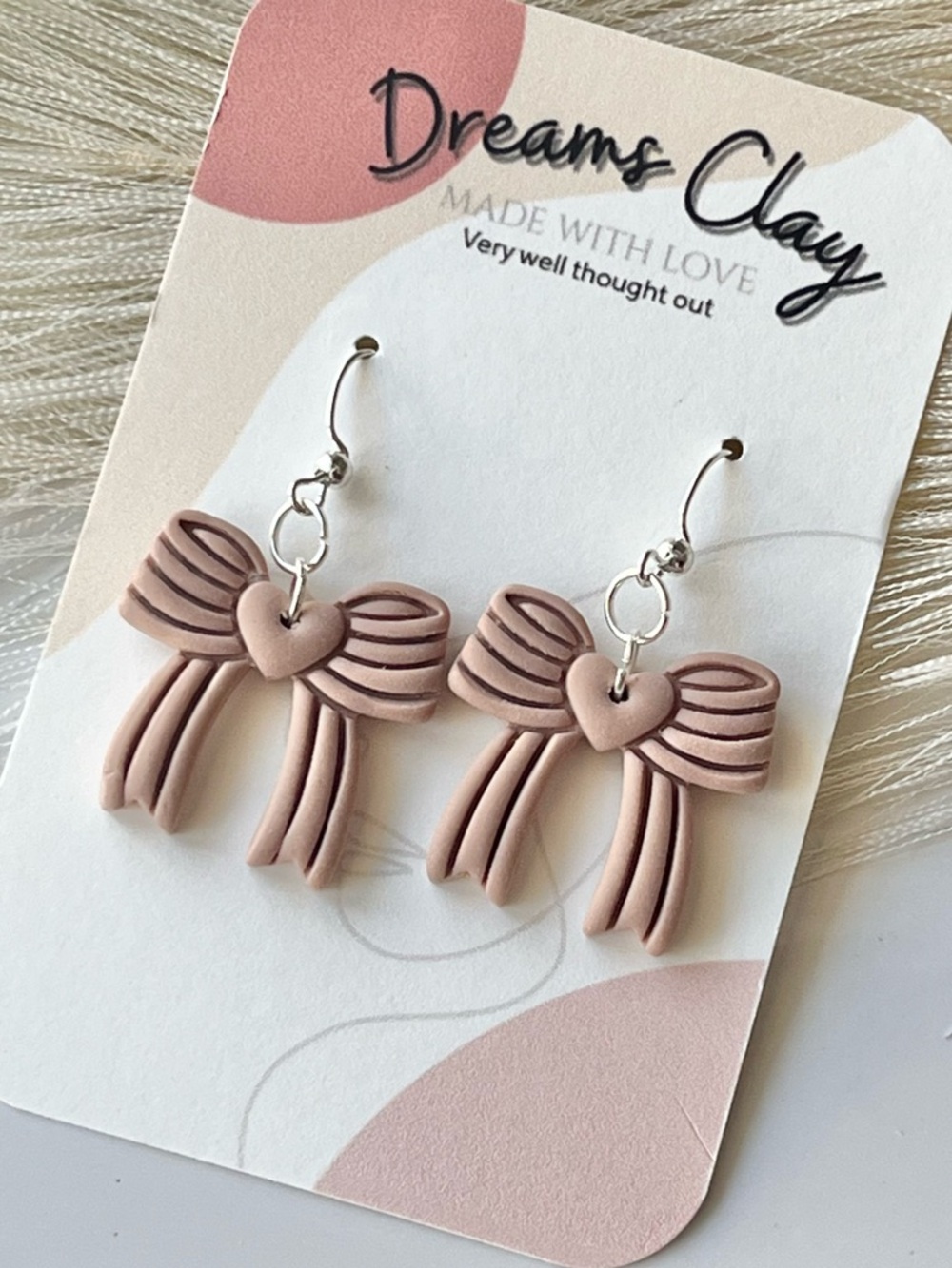 Dreams Clay Pink Heart Bow Dangle Earrings